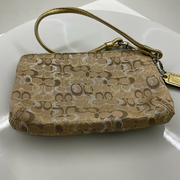 COACH Mini Signature Lurex Small Wristlet Bag Gold/Silver - Picture 6 of 10